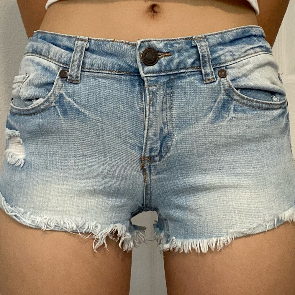 Distressed Light Blue Denim Shorts